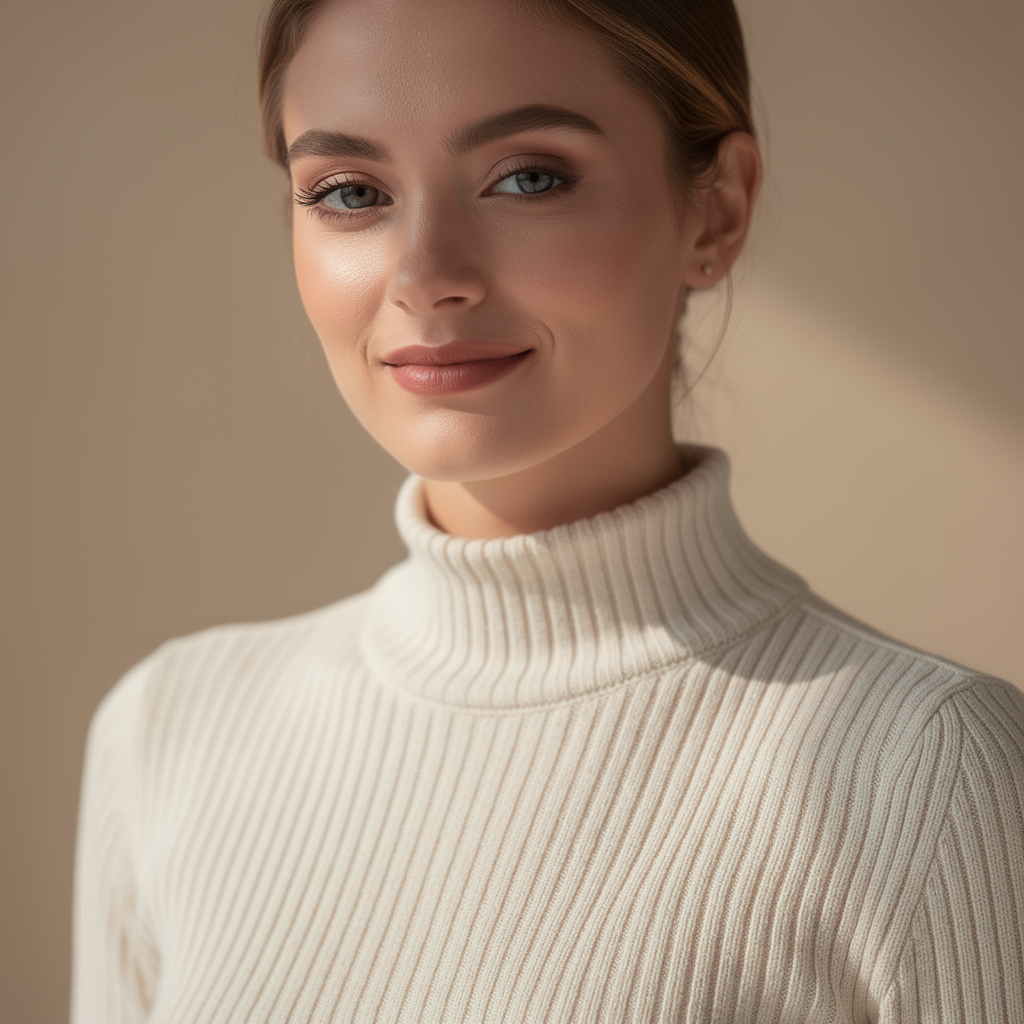 Woman wearing cream ribbed knit sweater for work from home Zoom calls
