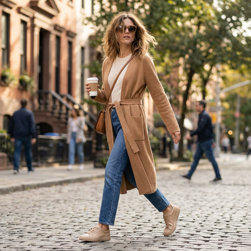 A young woman walking on a cobblestone street, holding a coffee cup, dressed in a beige coat, white sweater, blue jeans, and beige sneakers, with sunglasses, in an urban neighborhood with trees and brownstone buildings.