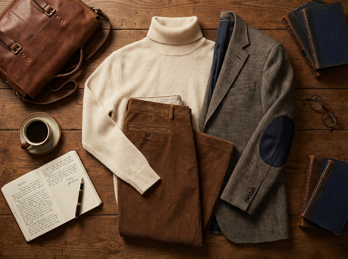 Poetcore aesthetic outfit featuring cream turtleneck, brown corduroy trousers, oversized tweed blazer, and leather messenger bag in café setting