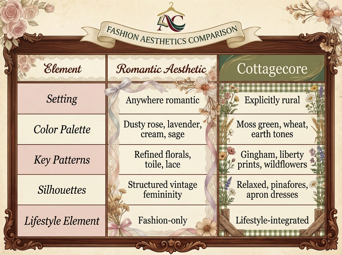 Detailed comparison table contrasting Romantic aesthetic and Cottagecore in setting, fabrics, lifestyle elements, and practical considerations