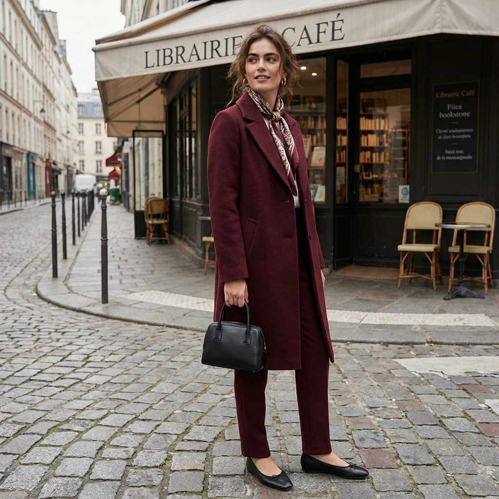 French city girl burgundy outfit with classic wool coat, neutral knit, slim trousers and ballet flats