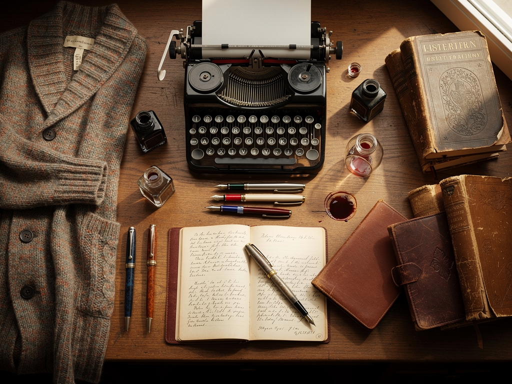 Literary academia aesthetic with fountain pens ink bottles classic literature journals and vintage typewriter