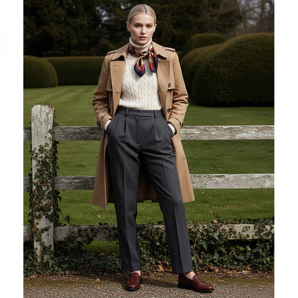 Old money fall outfit with turtleneck, trench coat, and wool trousers
