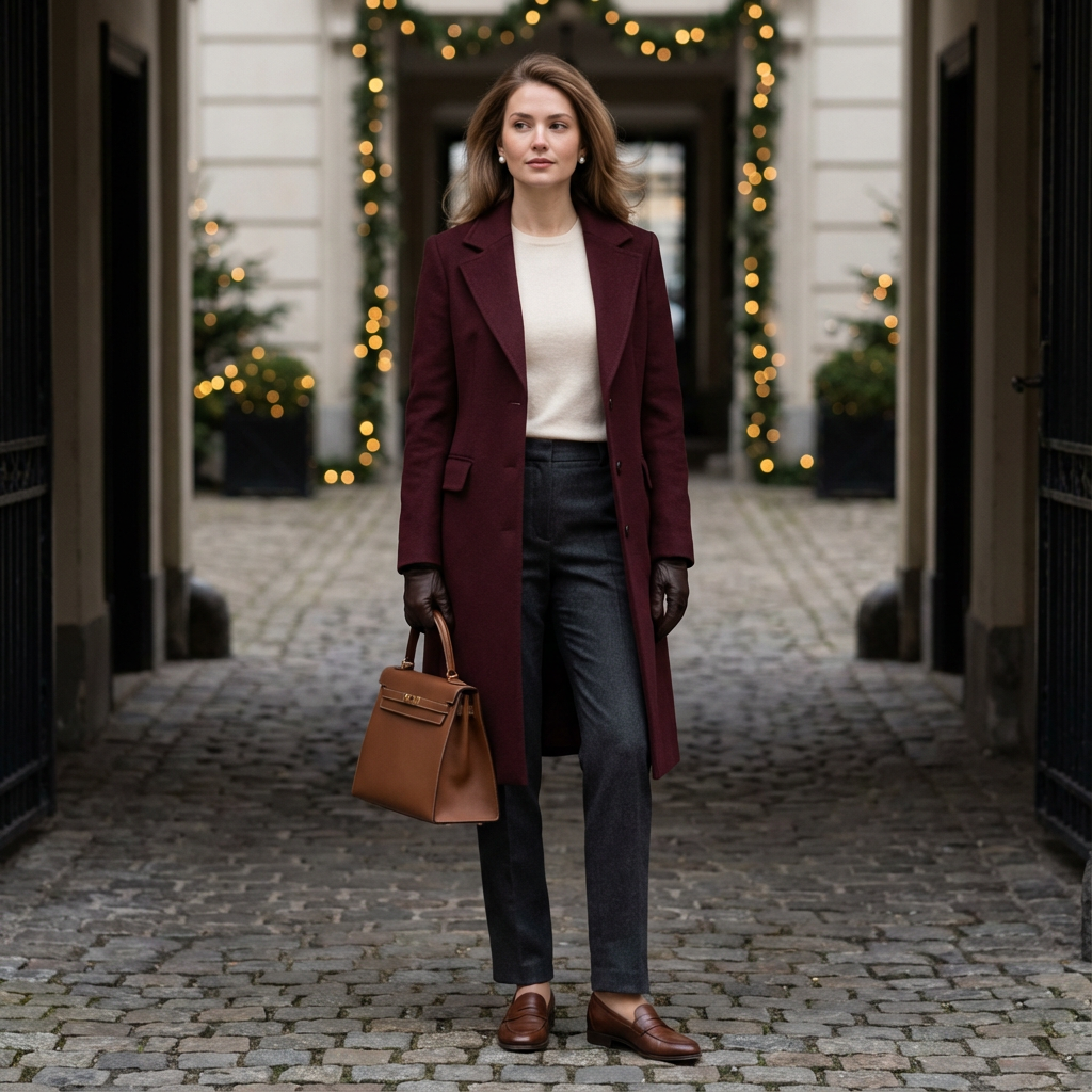 Old Money burgundy outfit with tailored wool coat, cashmere sweater, straight-leg trousers and structured bag