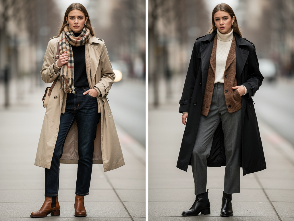 Dark academia rainy day outfit with oversized cardigan turtleneck jeans Chelsea boots and trench coat