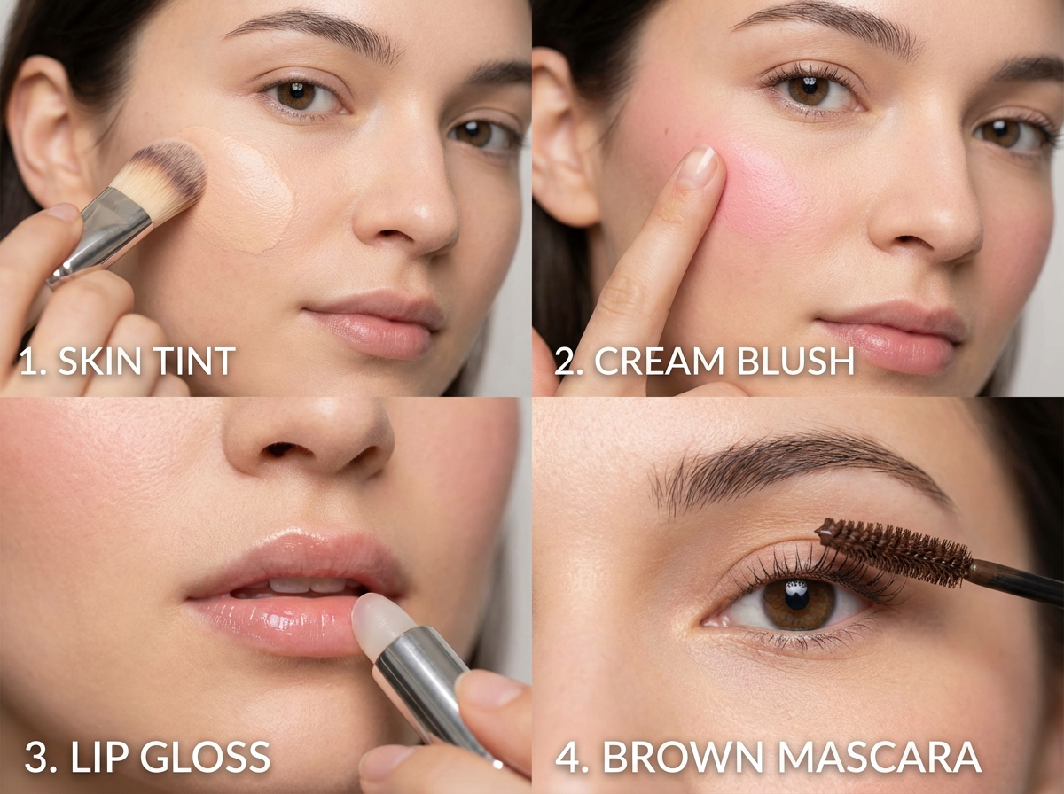 Clean girl aesthetic no makeup makeup tutorial showing skin tint cream blush lip gloss and brown mascara application