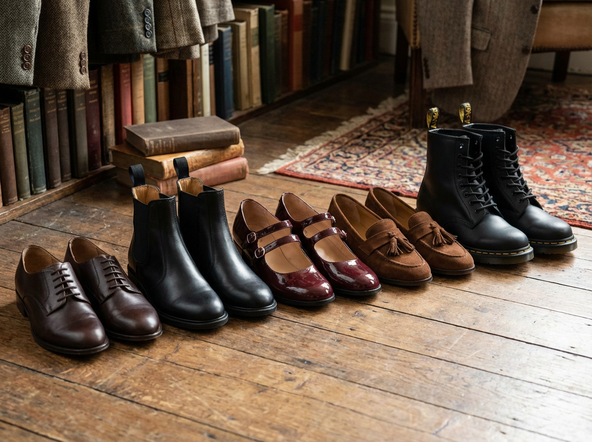 Dark academia shoe collection with oxford shoes, Chelsea boots, Mary Janes, loafers, and Doc Martens