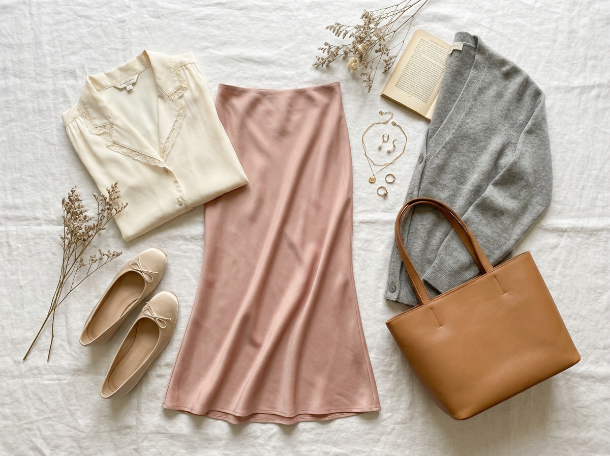 Feminine romantic aesthetic wardrobe essentials including silk blouse bias cut skirt ballet flats and cashmere cardigan in neutral tones