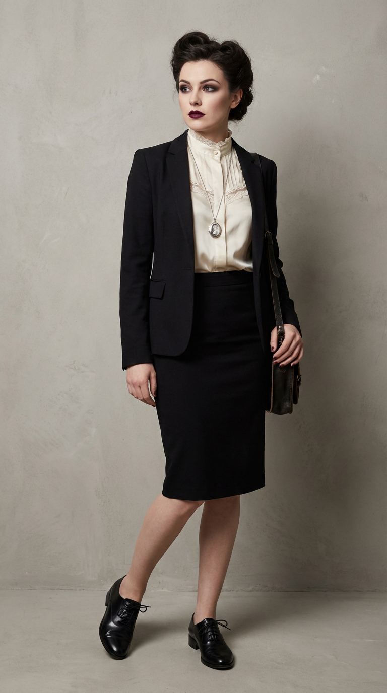 Vamp romantic work outfit office appropriate styling with subtle gothic glamour elements for professional settings