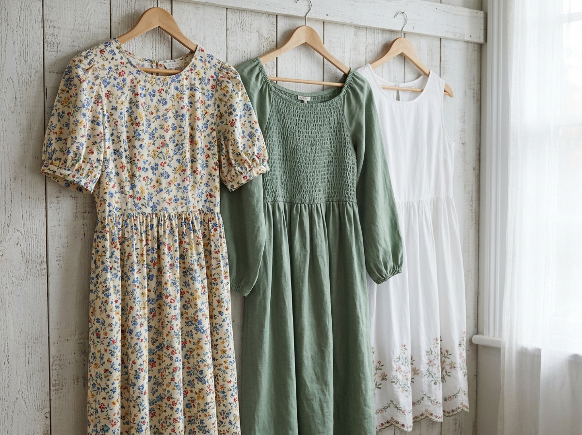 cottagecore accessories flat lay including woven basket straw hat leather oxford shoes vintage brooch and dried flower crown