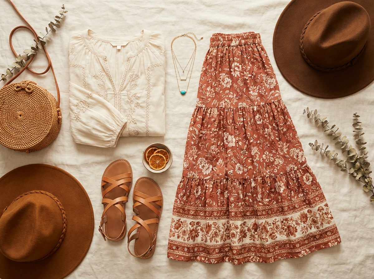 complete boho wardrobe flat lay peasant blouse maxi skirt leather sandals woven bag layered jewelry hat