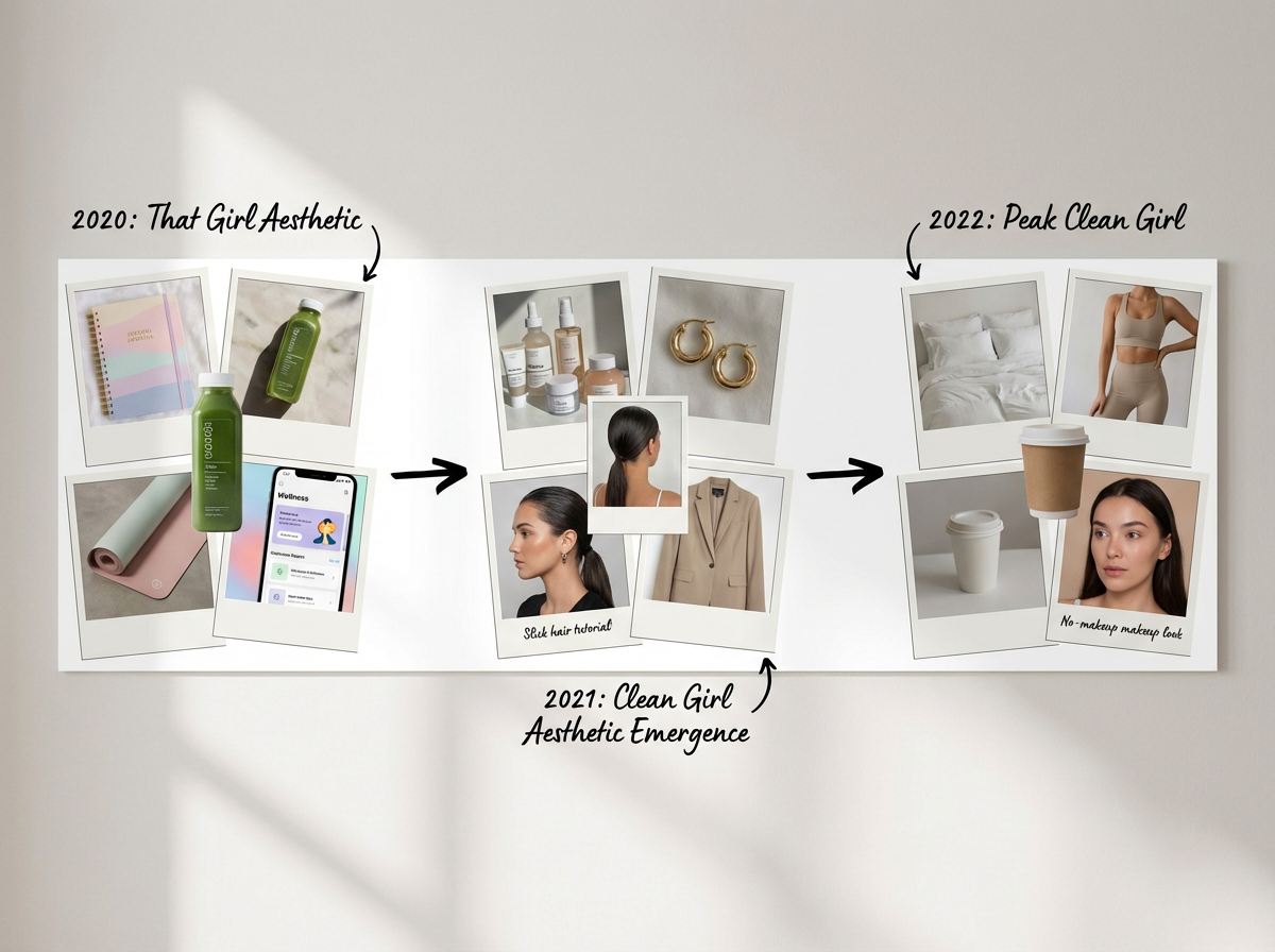 Clean girl aesthetic timeline showing evolution from That Girl trend to Clean Girl aesthetic 2021-2022