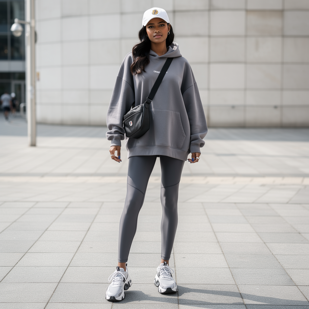Streetwear athleisure fashion with oversized hoodie, leggings, trendy sneakers and sporty accessories