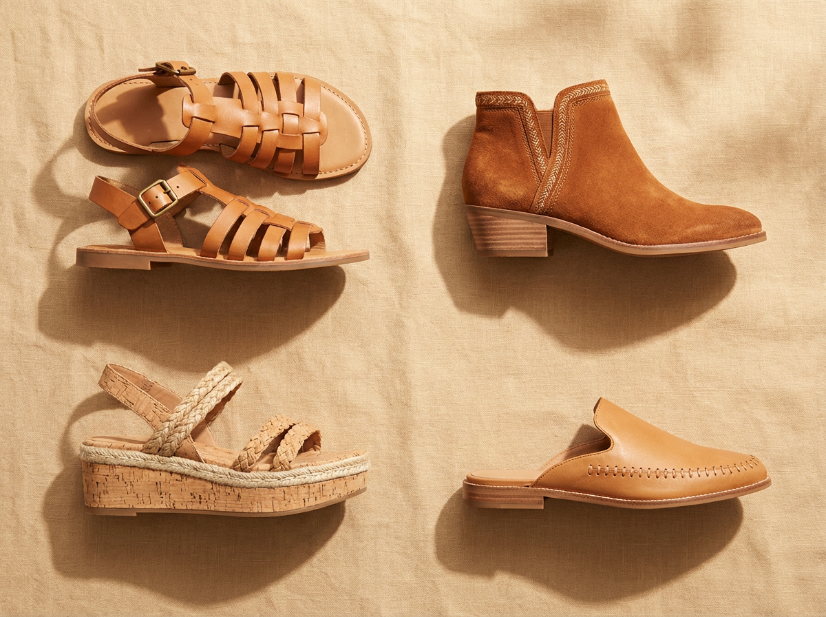 boho footwear flat lay leather strappy sandals ankle boots platform sandals mules