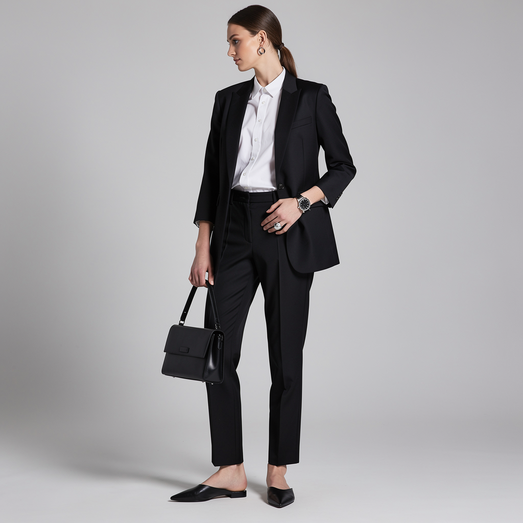 Minimalist Scandinavian fashion with clean lines, neutral color palette, structured coat and quality basics