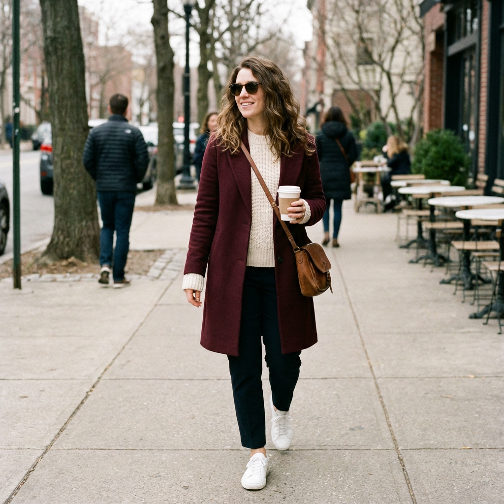 Cozy errands chic burgundy outfit with belted cardigan, ribbed knit, straight-leg jeans and crossbody bag