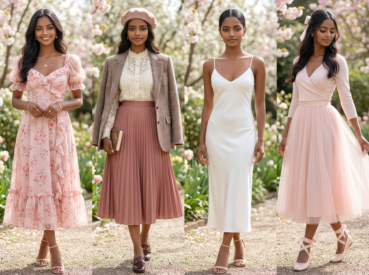Spring wedding guest outfit ideas for Romantic aesthetic, Romantic Academia, Clean Girl, and Balletcore with appropriate formality levels
