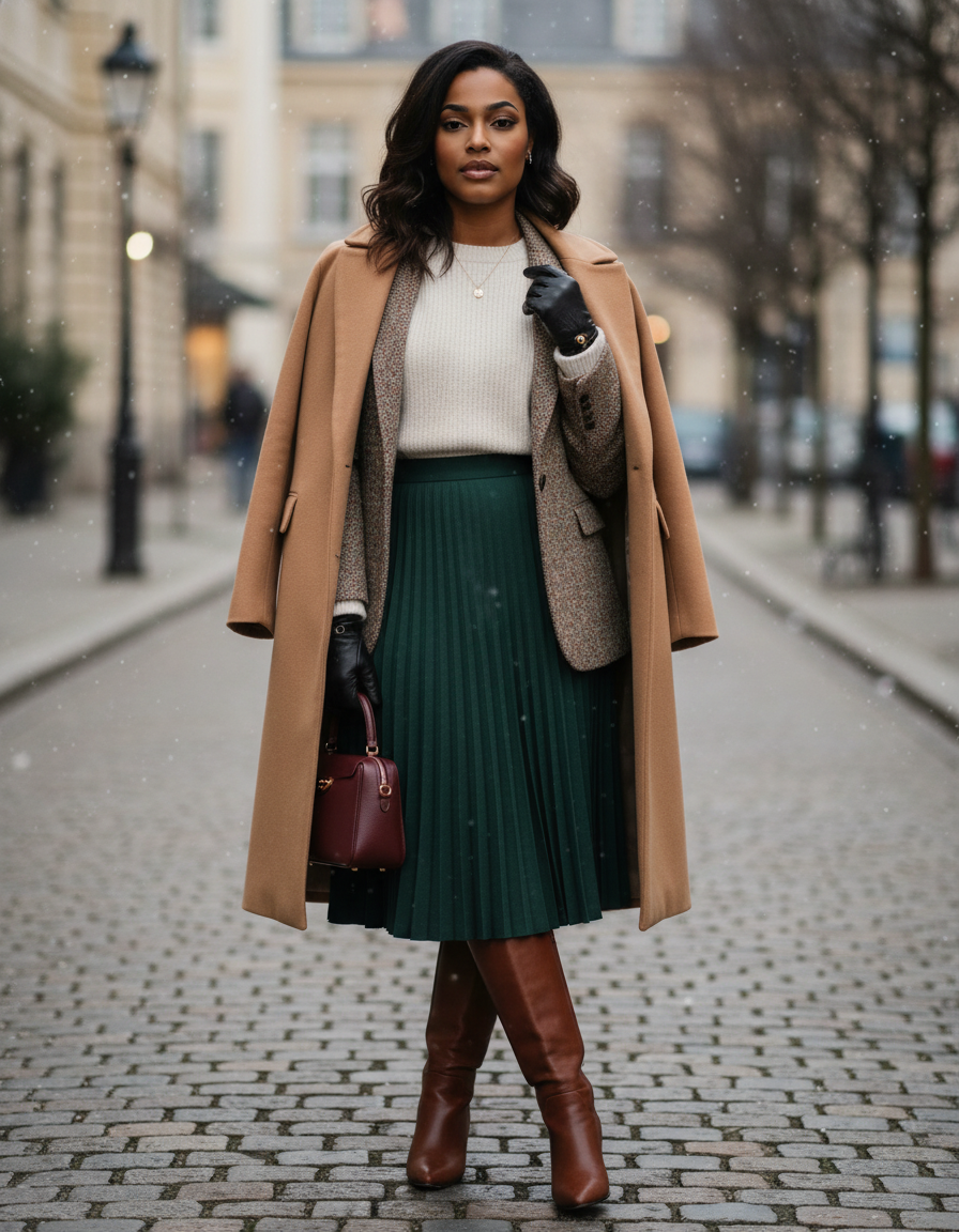 This winter fit just *hits different*. ❄️ Cozy cream knit + a chic pleated midi skirt? Yes please! Draped camel coat and knee-high boots are giving all the sophisticated vibes, even with the snow falling. 