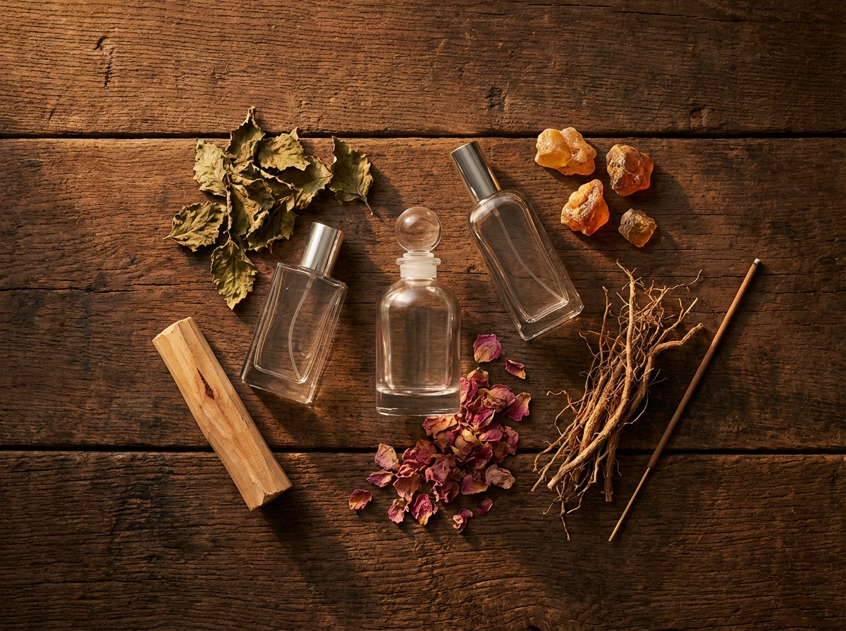 boho fragrance flat lay patchouli sandalwood amber vetiver rose oud natural ingredients