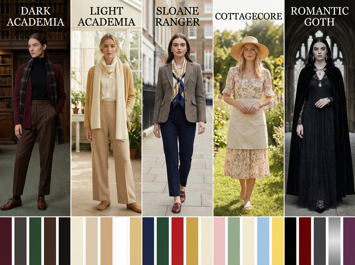Color palette comparison showing dark academia light academia cottagecore and sloane ranger aesthetics