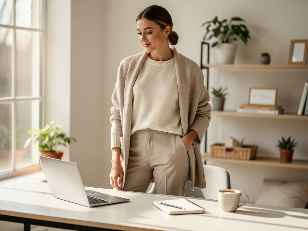 Layered work from home outfit with cream sweater, open cardigan, and neutral trousers in home office