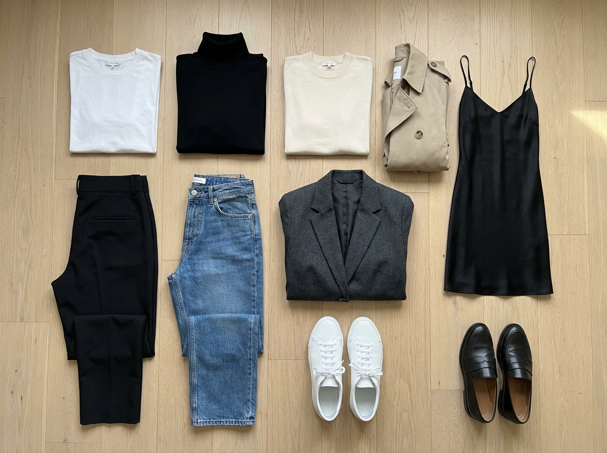 10 piece minimalist capsule wardrobe with essential neutral basics and versatile pieces
