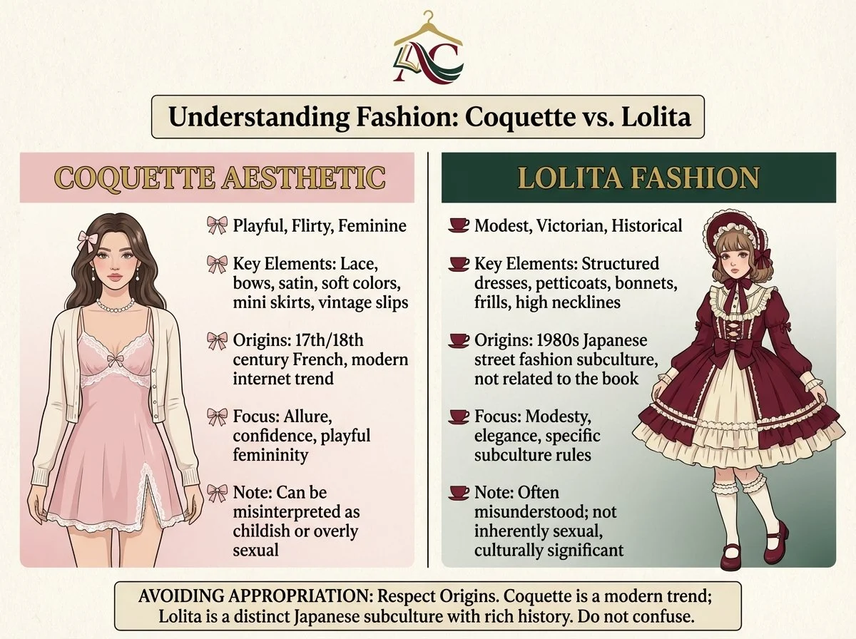 Educational graphic explaining differences between Coquette aesthetic and Lolita fashion to prevent cultural appropriation and misunderstanding
