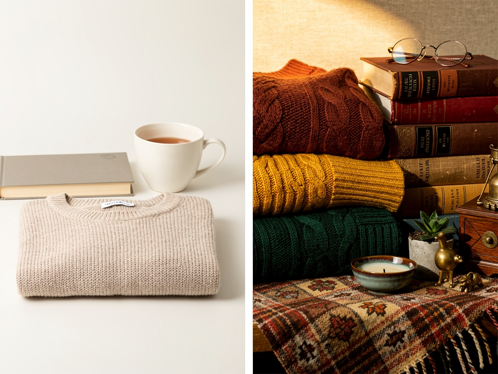 Minimalist cozy aesthetic vs maximalist cozy aesthetic style comparison showing neutral capsule wardrobe and layered textural approach