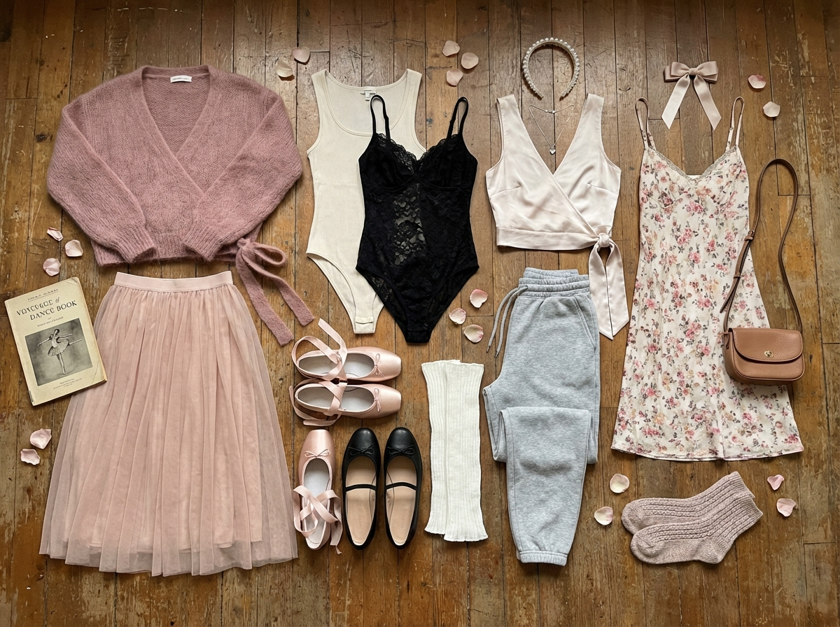 balletcore capsule wardrobe essentials flat lay