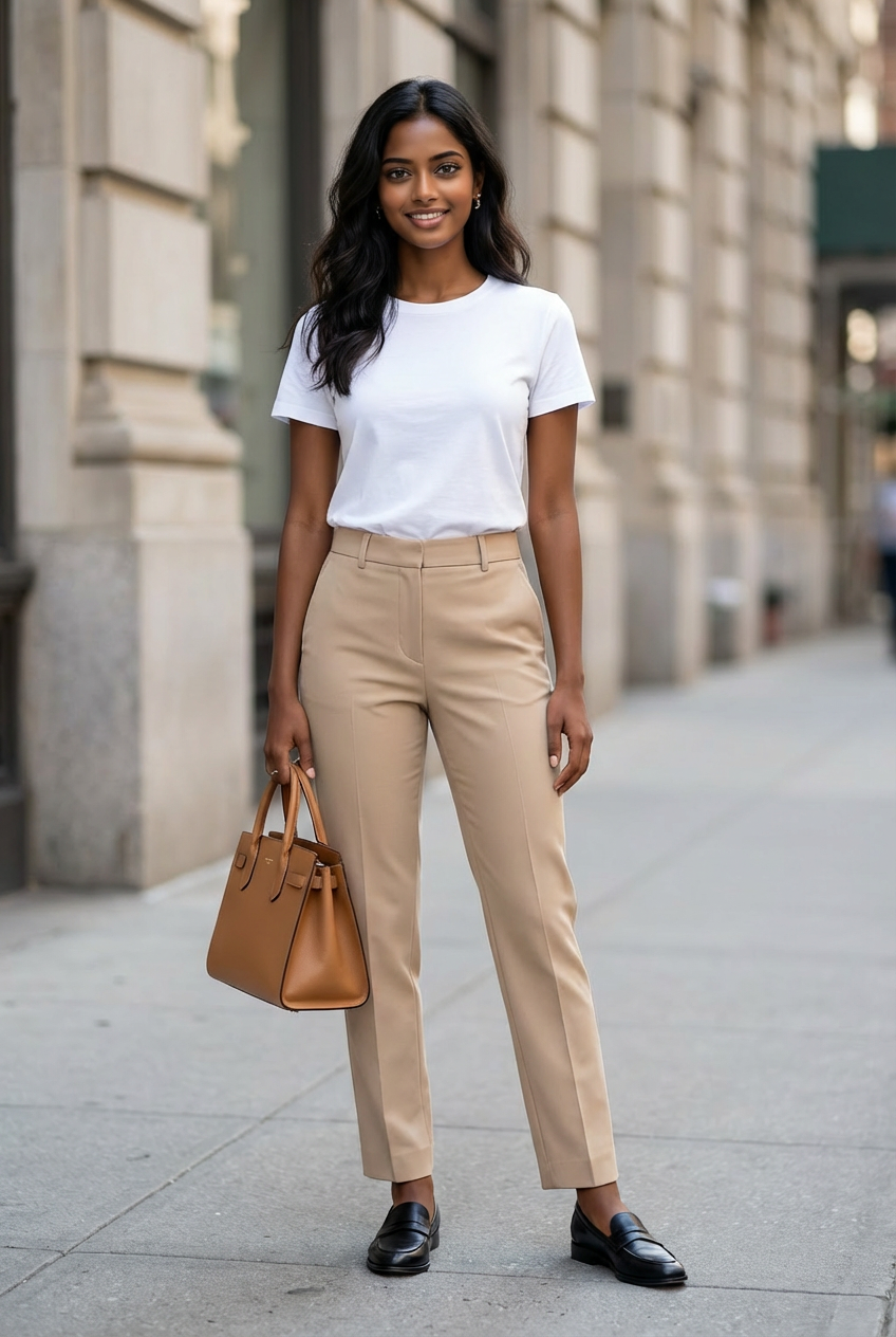 A young woman standing and smiling while holding a mug at a Christmas gathering in a cozy living room decorated for the holidays, with a fireplace, Christmas tree, and other people sitting and standing in the background.