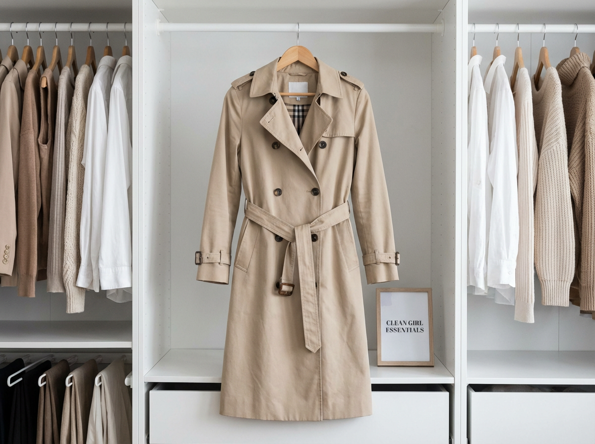 Camel trench coat on hanger