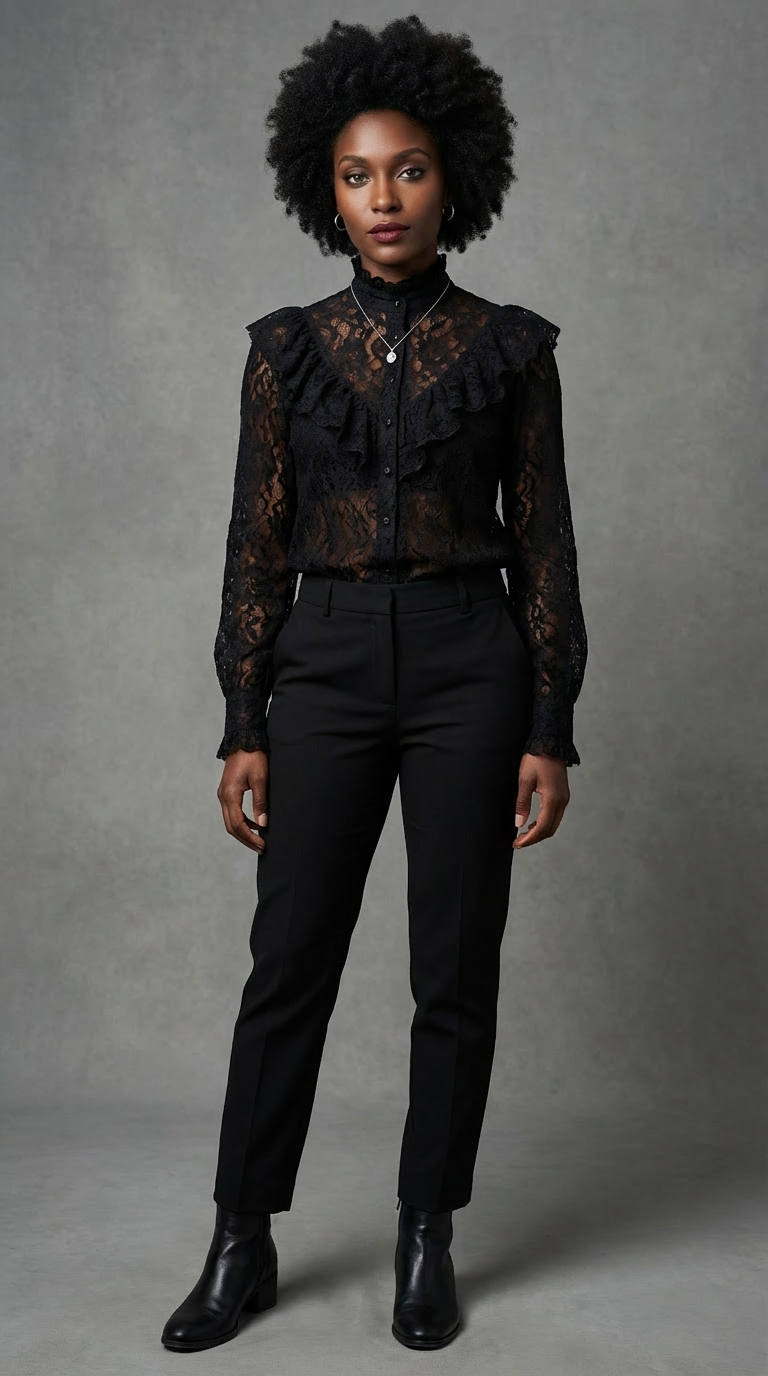 Vamp romantic outfit ideas daytime wearable gothic styling with black blouse flowing skirt and romantic accessories