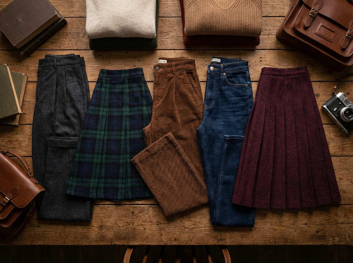 Dark academia bottoms including pleated trousers, plaid skirt, corduroy pants, and midi skirt