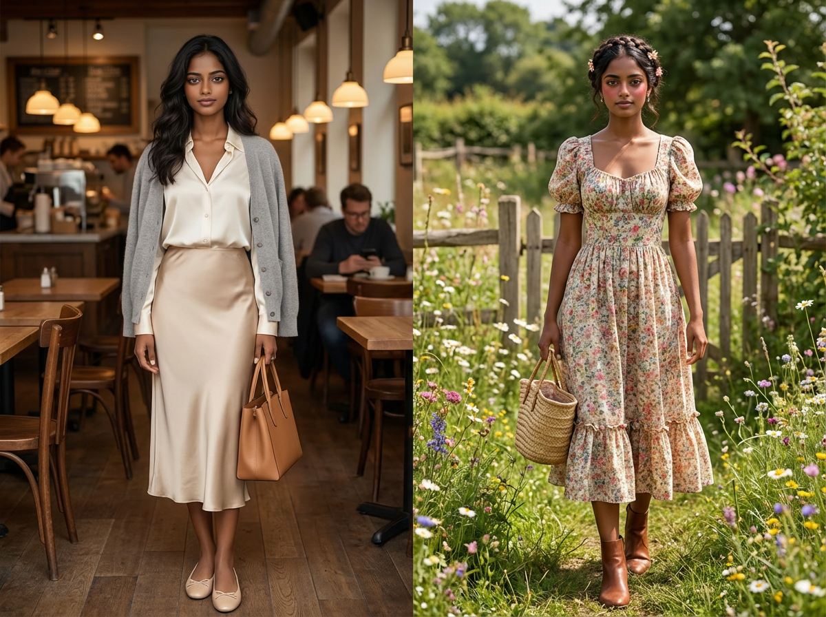 Feminine romantic aesthetic vs cottagecore comparison showing urban sophistication versus rural whimsy prairie dress and florals