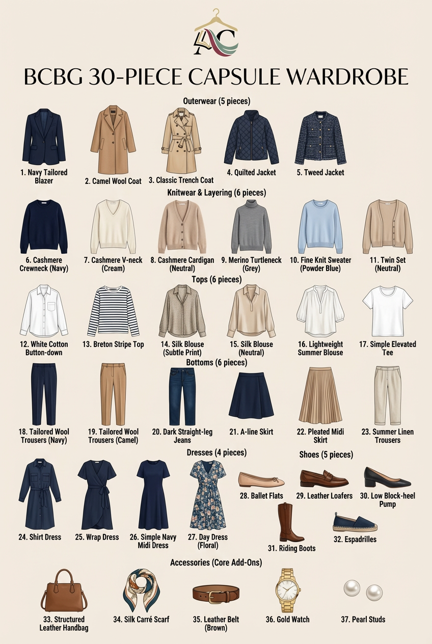 BCBG capsule wardrobe flat lay featuring navy blazer, cashmere sweater, tailored trousers, silk blouse, and leather accessories