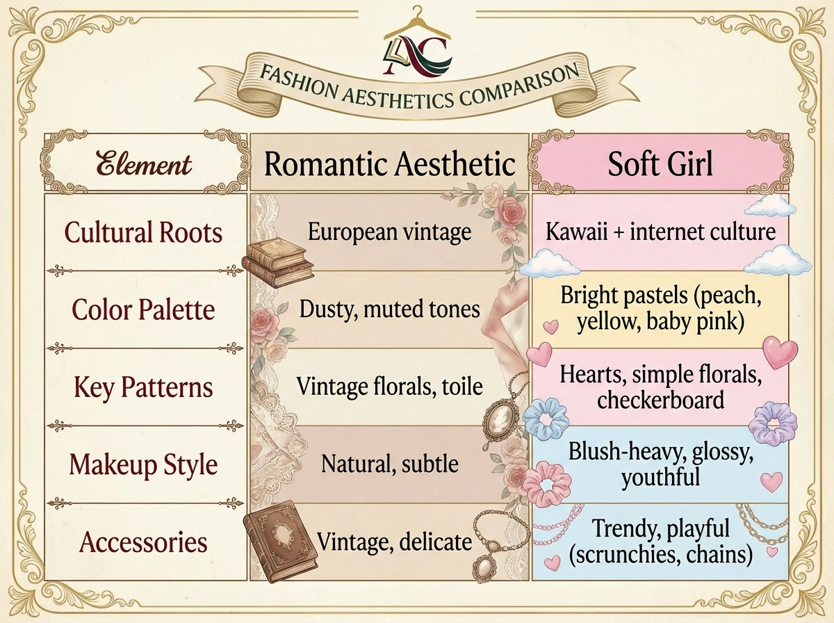 Comparison table showing differences between Romantic aesthetic and Soft Girl in cultural roots, color palettes, and platform preferences