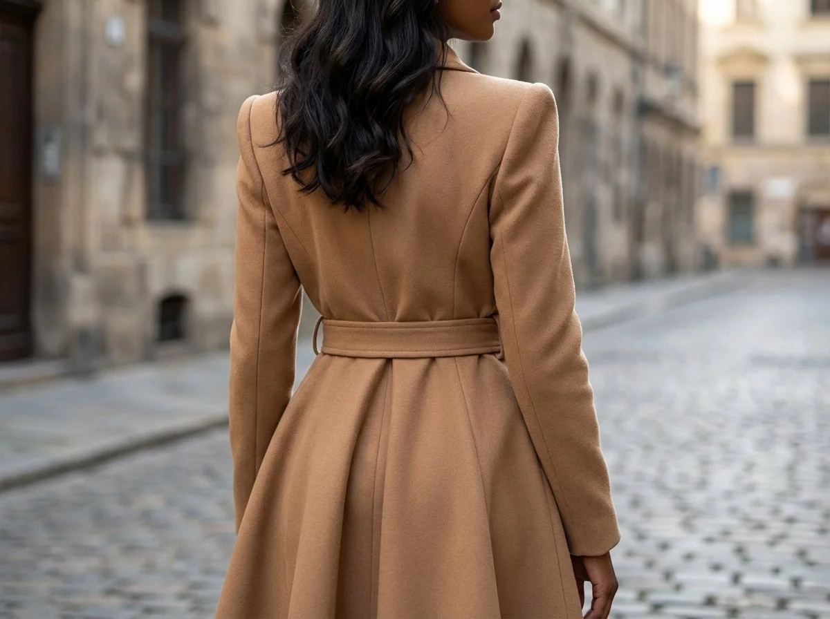 Structured coat in camel showing tailored fit and elegant drape for romantic outerwear