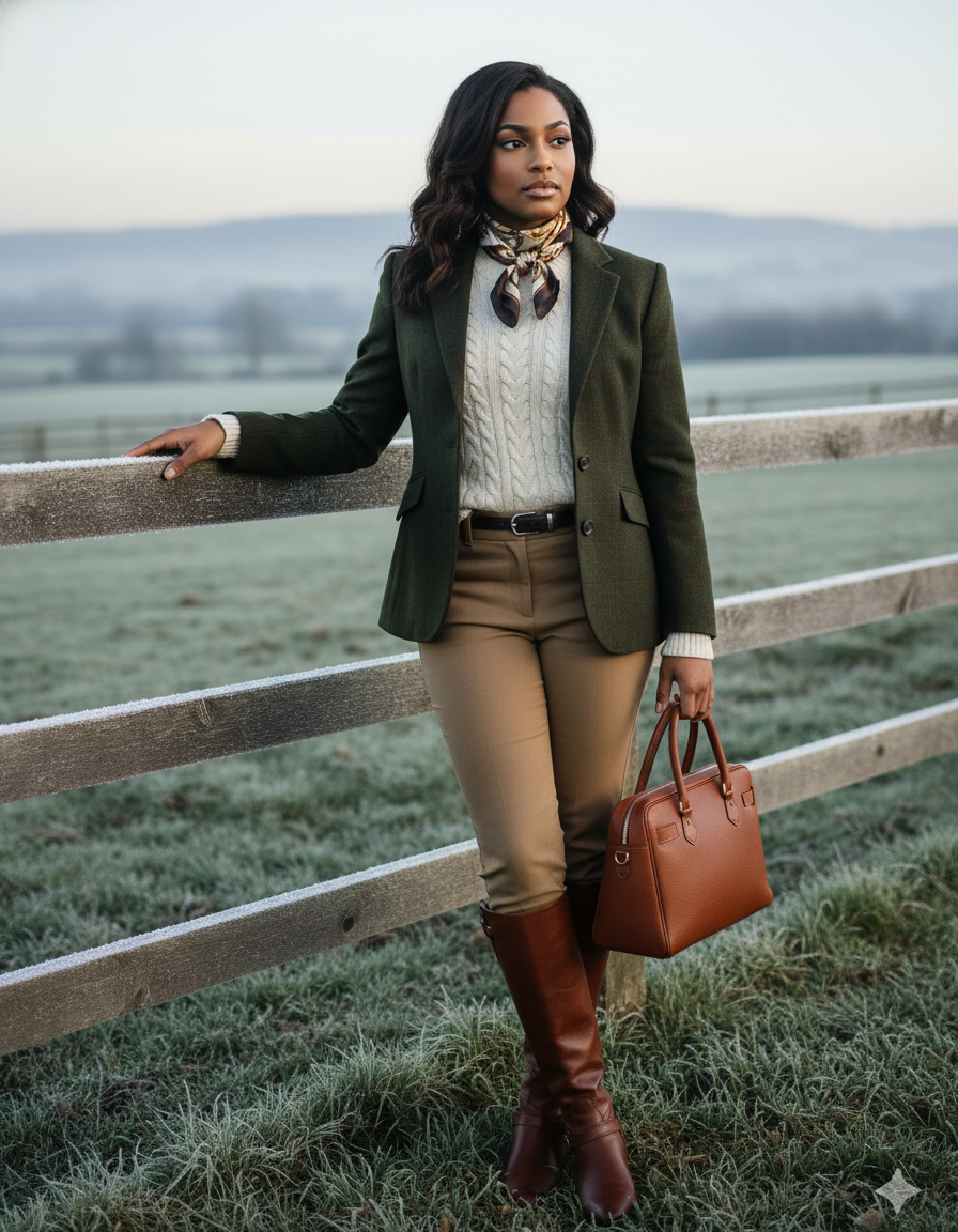 Frosted mornings and classic style! 🍂 Absolutely loving this equestrian-inspired look: a perfect green tweed jacket, cozy cream cable-knit, and those gorgeous chestnut riding boots. Feeling so chic and warm in this muted countryside palette. Who els