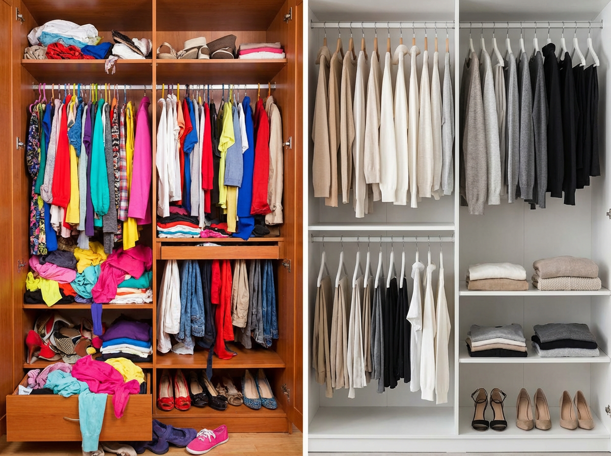 Maximalist vs minimalist wardrobe comparison showing edited neutral capsule collection