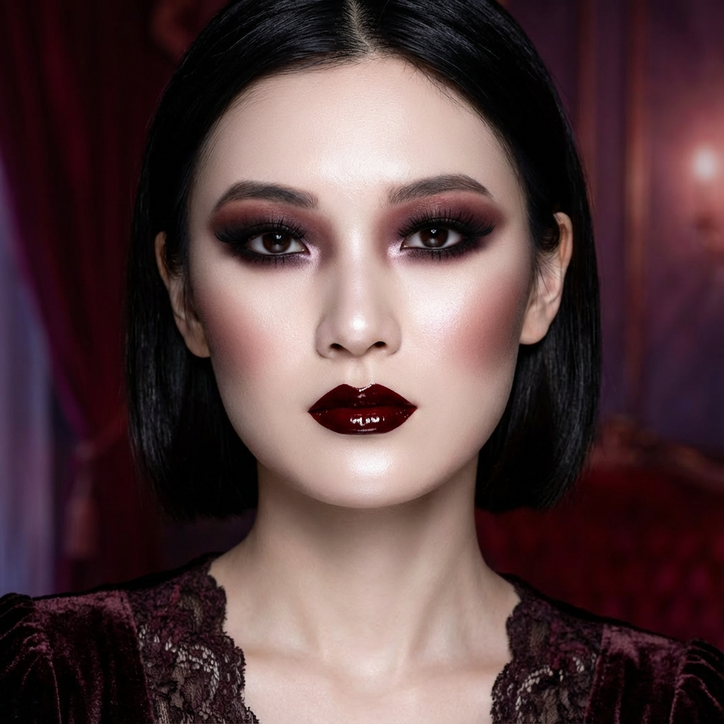 Vampire beauty makeup look with dark romantic smudged eyes glossy burgundy lips and ethereal highlighting