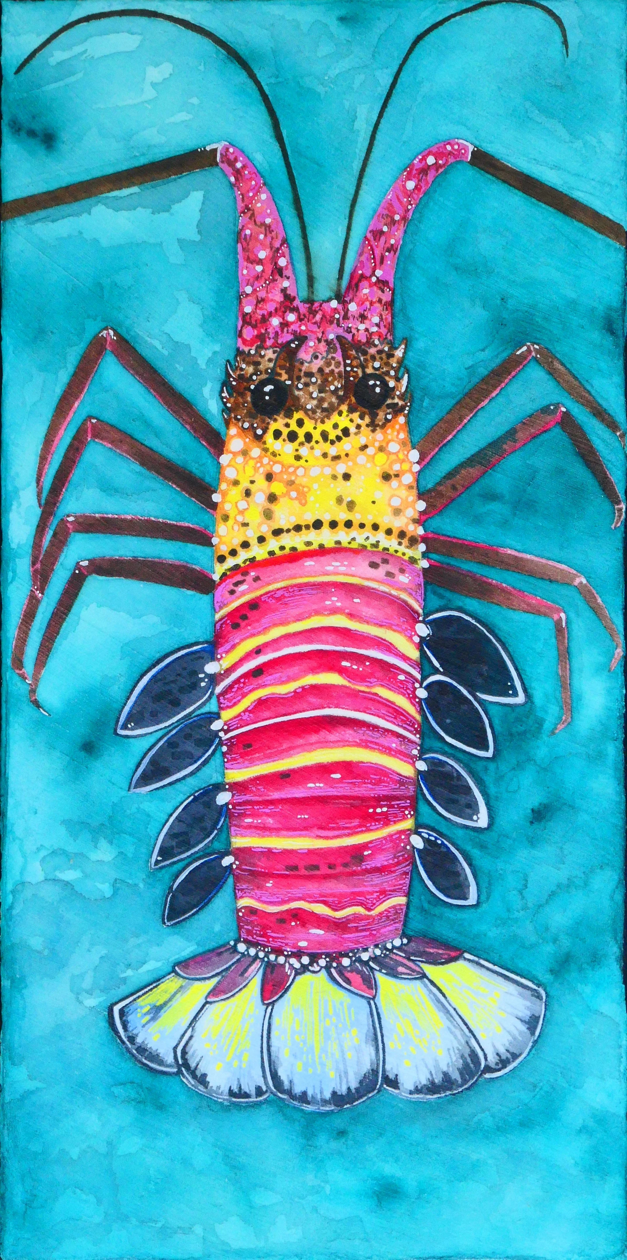 Banded Spiny Lobster in watercolor on canvas, 6" x 12"