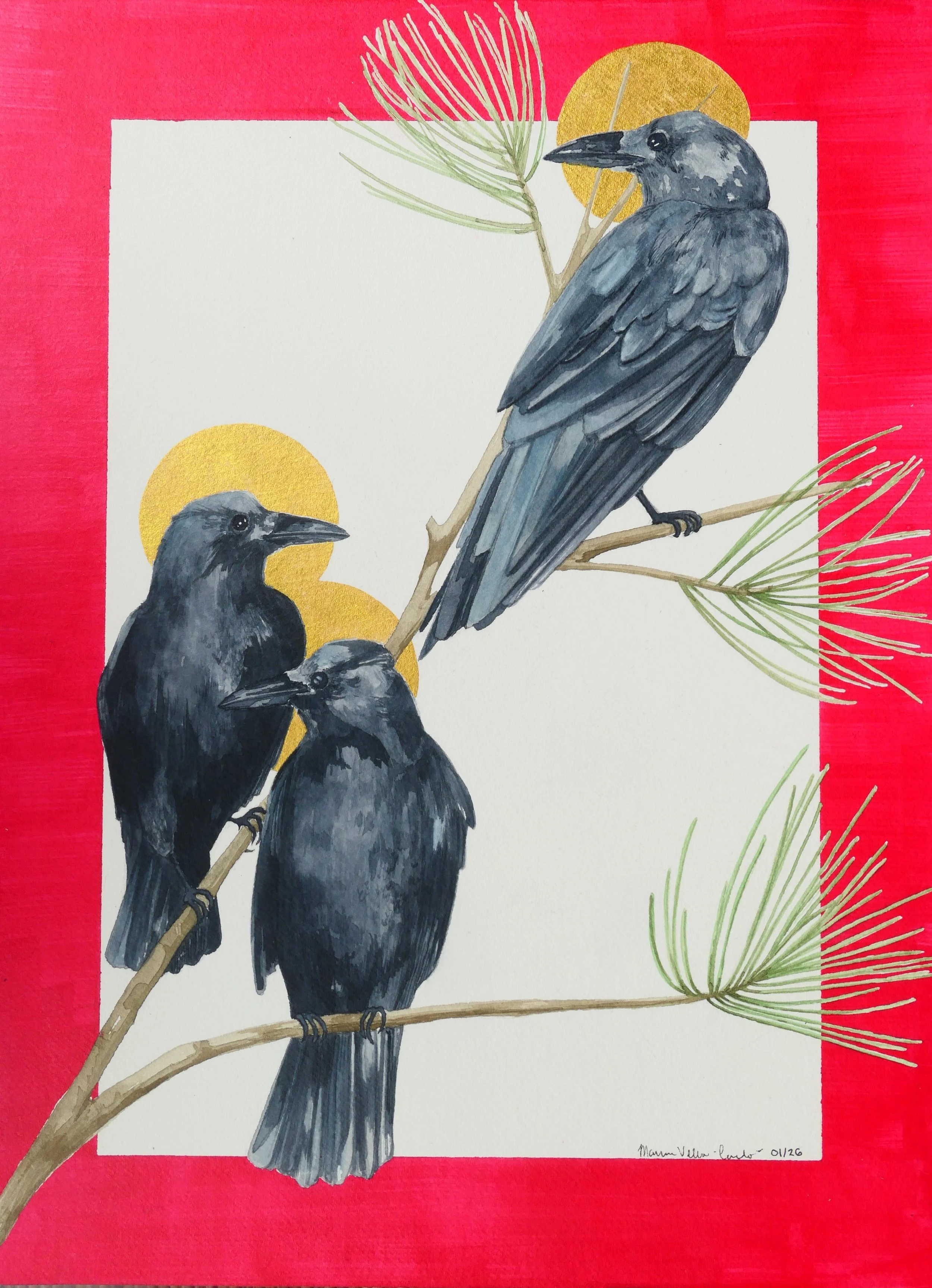 Crows in watercolor on 140 lb paper and mounted on wood block, 12" x 16"