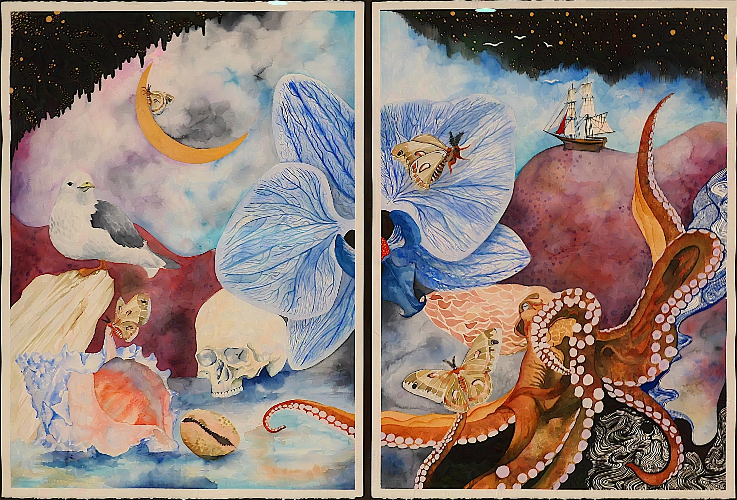 Mermaid Dreams 1 - watercolor on cold press 140lb paper, each panel is 22" x 30"