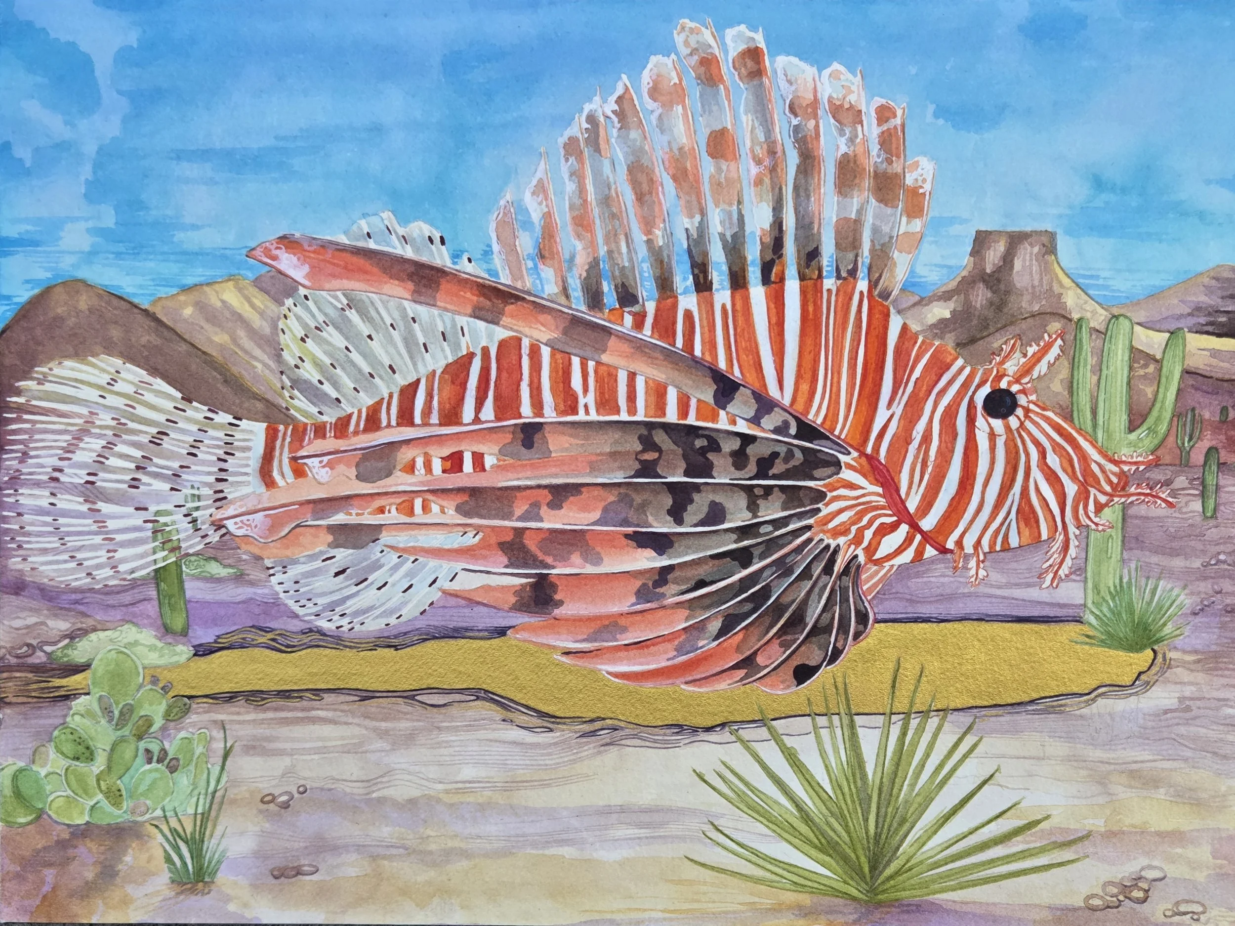 Lionfish in watercolor on 140 lb paper mounted on wood block, 16" x 12"