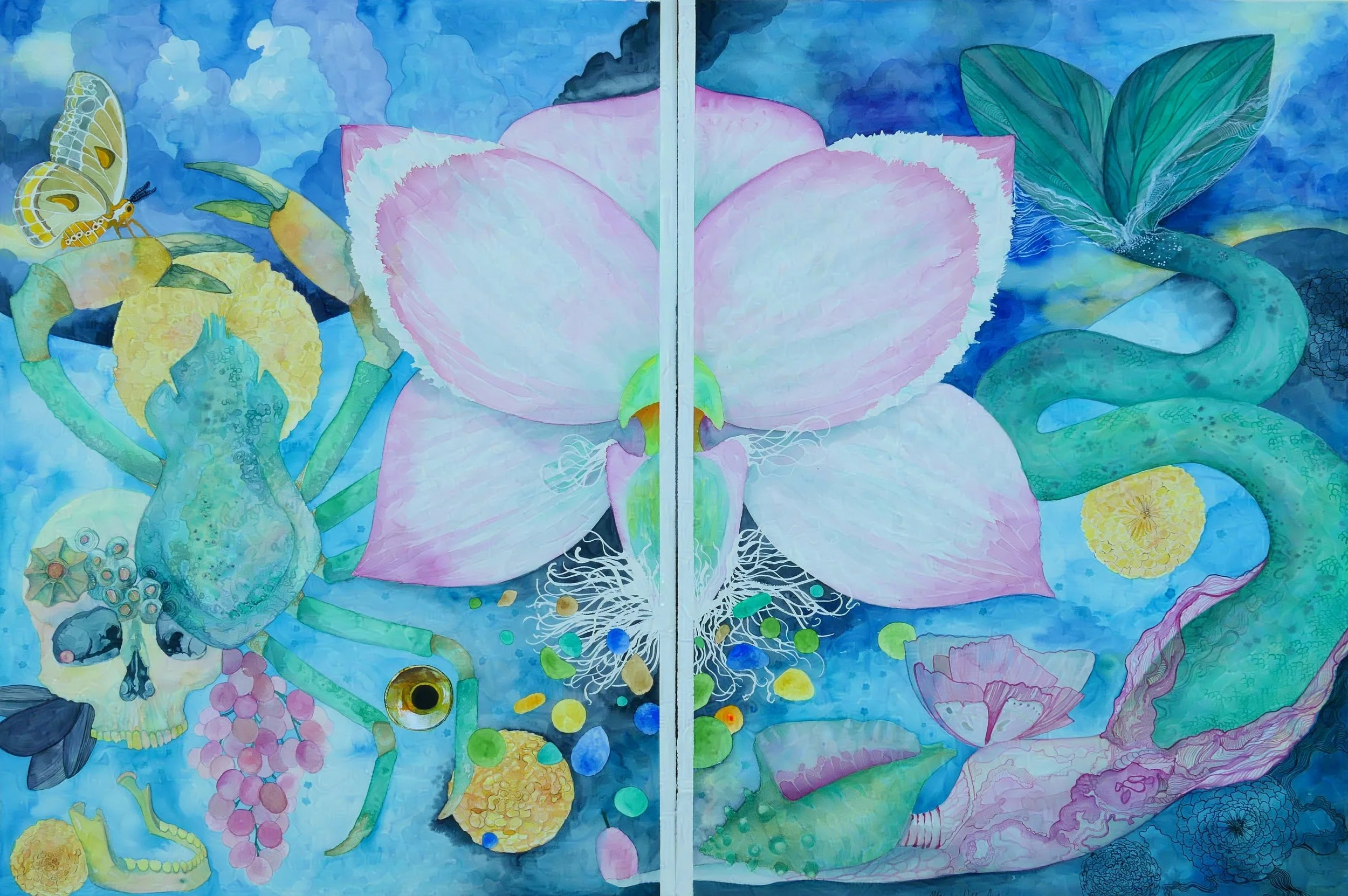 Mermaid Dreams 2 - watercolor on cold press 140lb paper, each panel is 22" x 30"