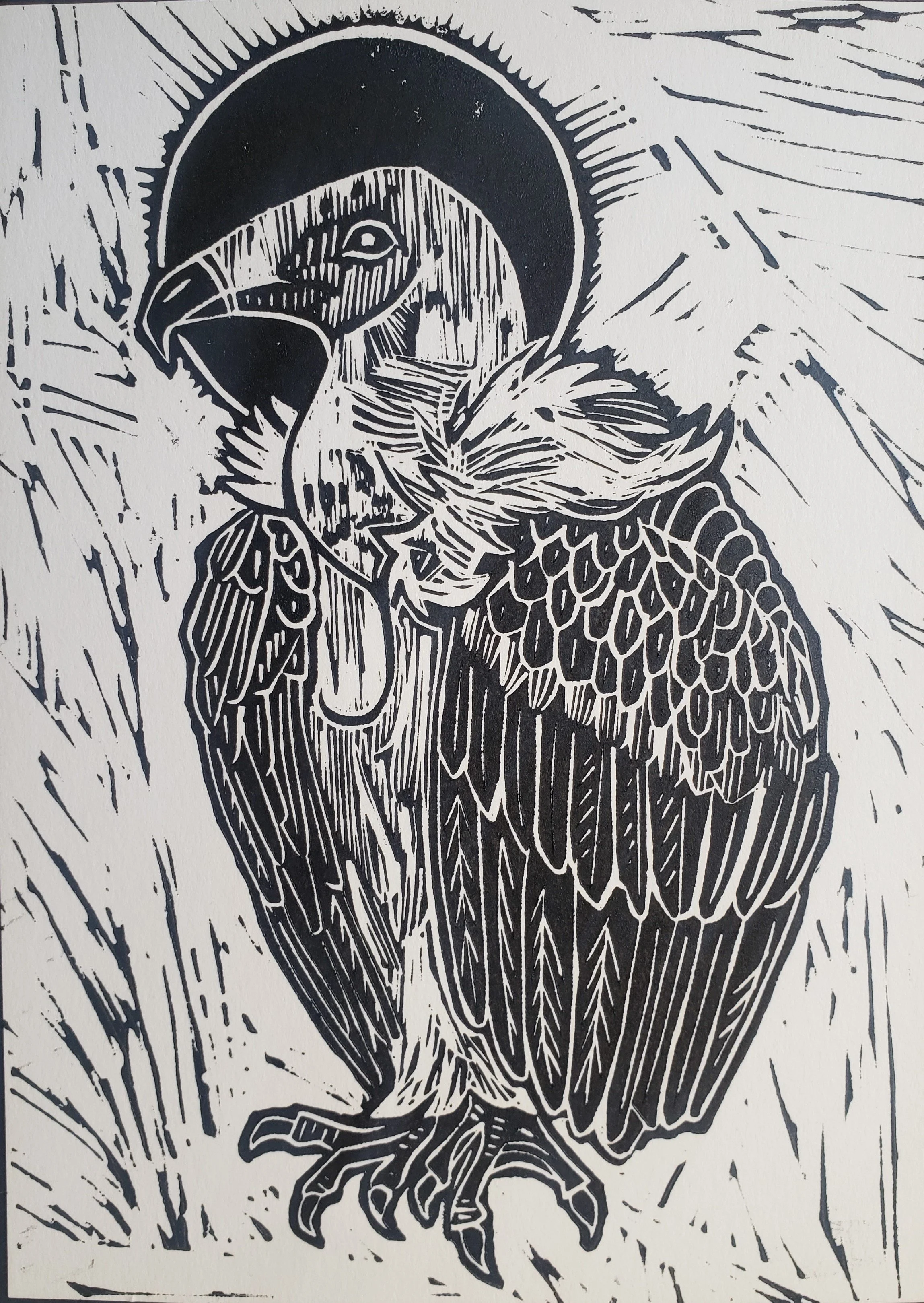 Cape Vulture linoleum block print, 4" x 6"