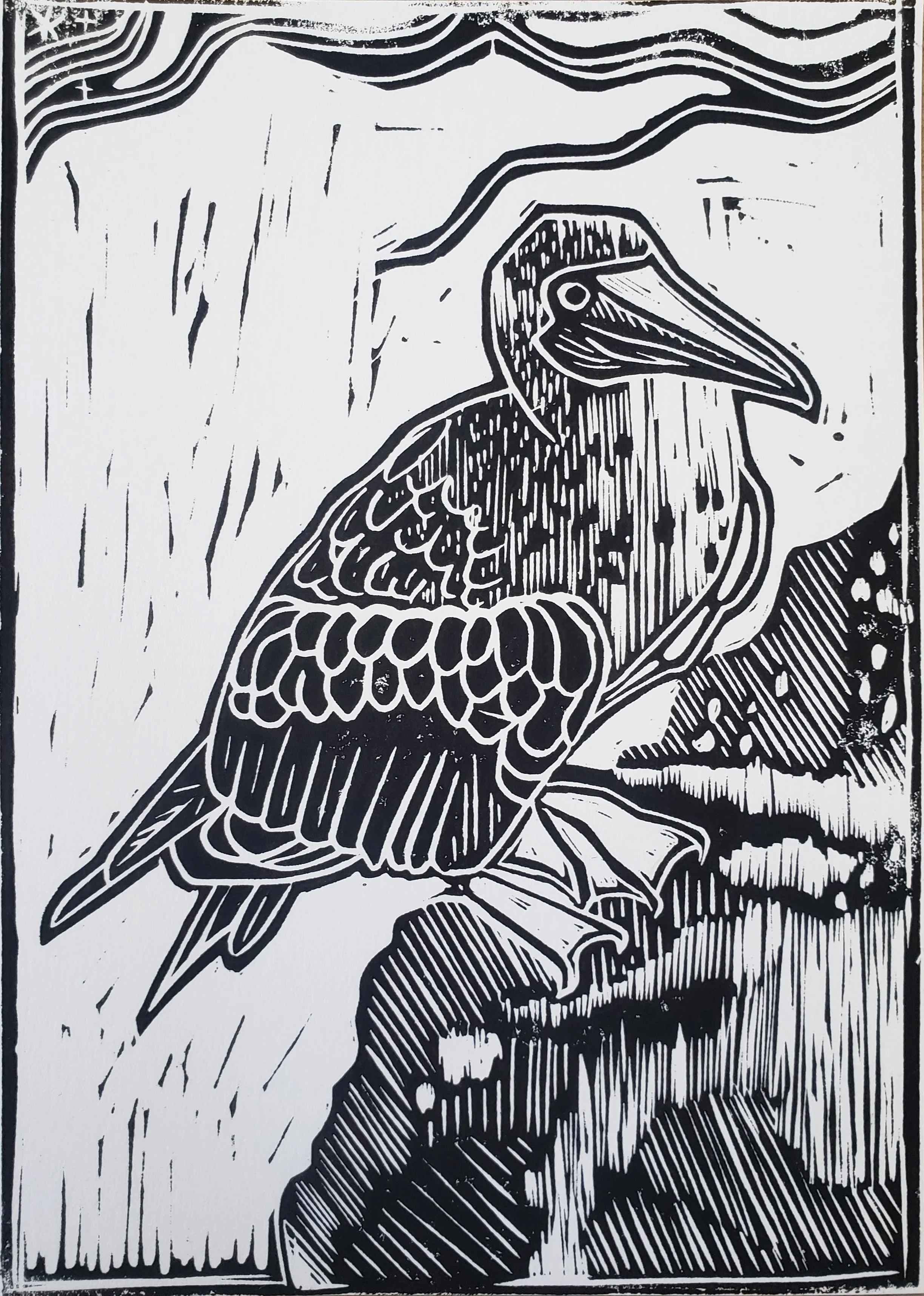 
Blue Footed Booby linoleum block print, 4" x 6"
