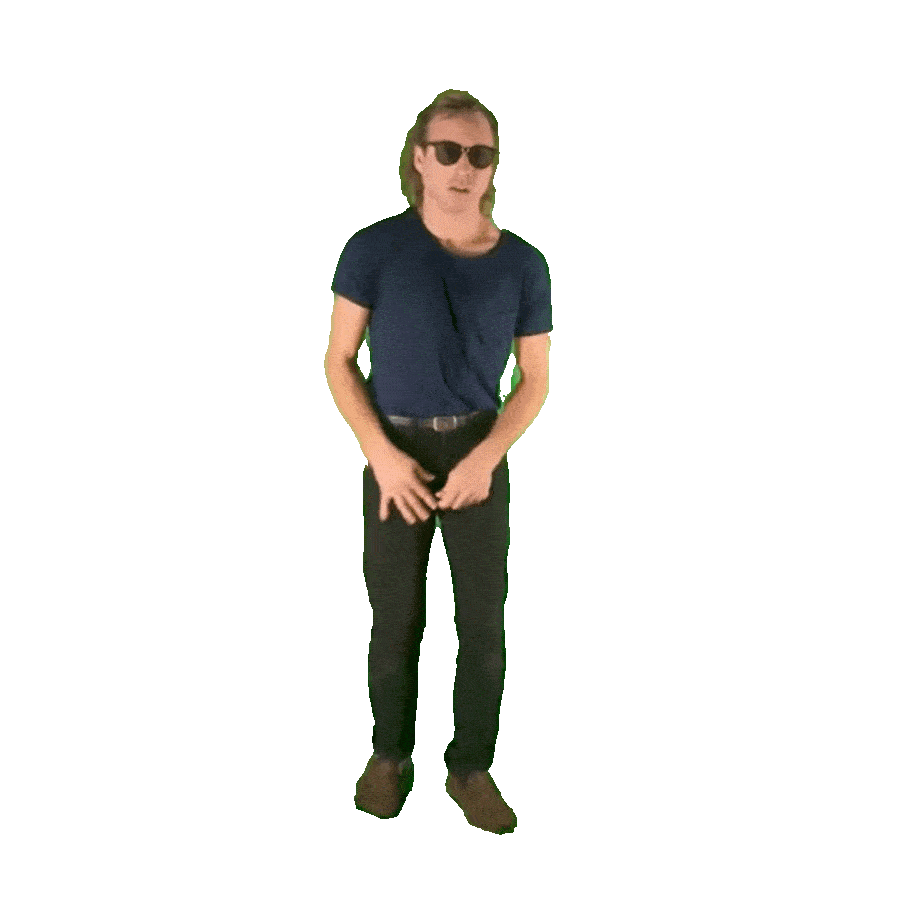 Muunjuun dancing wearing sunglasses, a navy blue t-shirt, black pants, and brown shoes standing against a dark background.