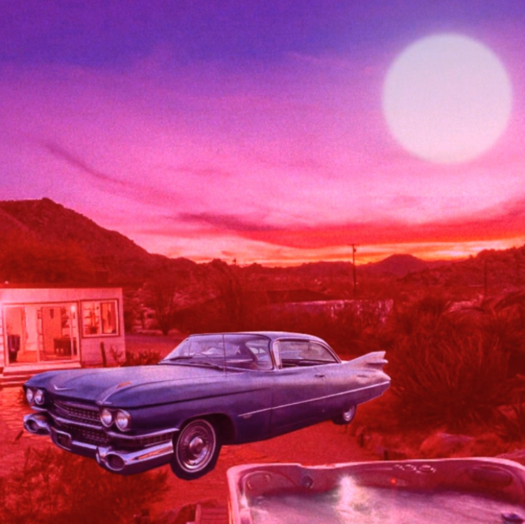 A vintage car parked outdoors in front of a house during a colorful sunset with a large moon in the sky.