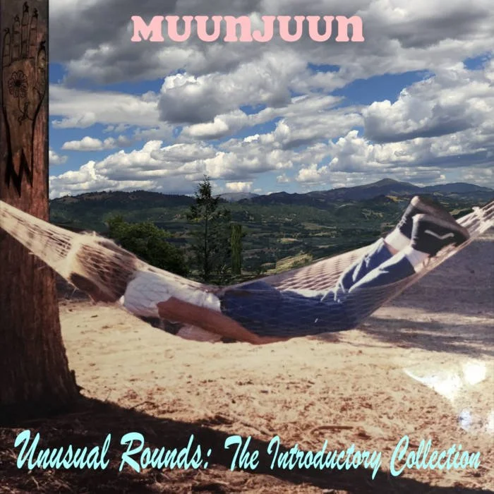 Muunjuun lies facedown in a hammock tied between two trees in an outdoor setting with mountains and clouds in the background. Text on the image reads 'MUUNJUUN' at the top and 'Unusual Rounds: The Introductory Collection' at the bottom.